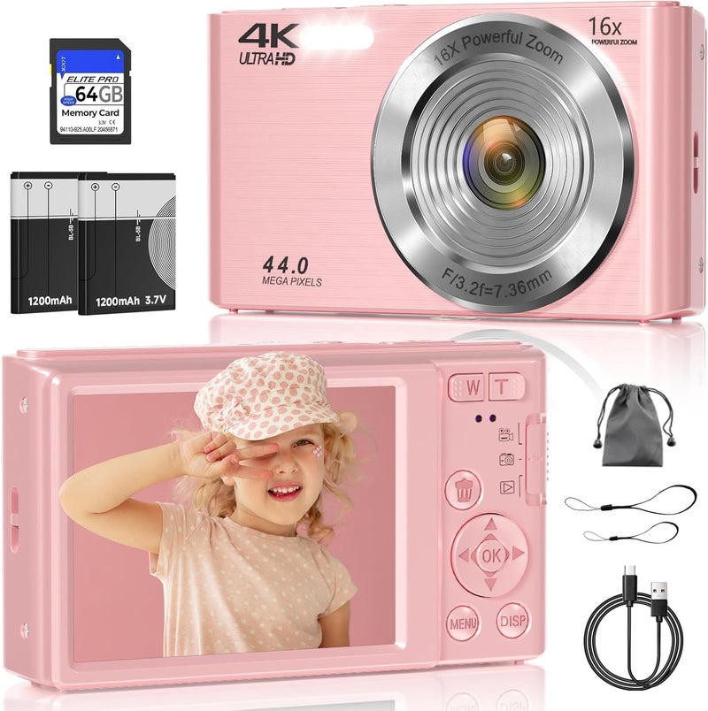 ceye Digital Camera, FHD 4K 44MP Digital Camera for Photography, 16X Digital Zoom, Digital Point and Shoot Camera with 3-LED Fill Lights, 64GB SD Card, Compact Camera for Kids Teen Boys Girls, Pink - Image 1
